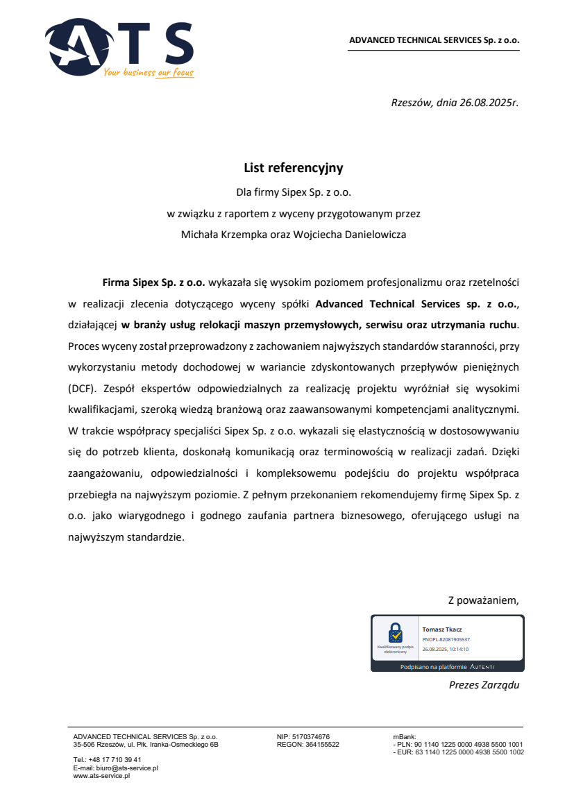 List referencyjny: Advanced Technical Services Sp. z o.o.