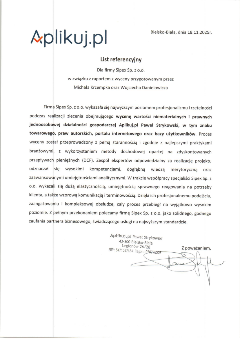 List referencyjny: Aplikuj.pl Paweł Strykowski