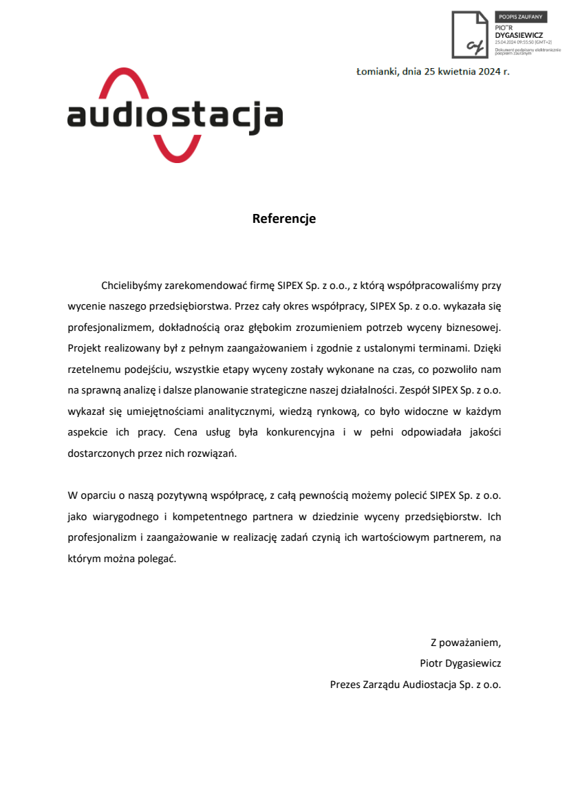 List referencyjny: Audiostacja Sp. z o.o.