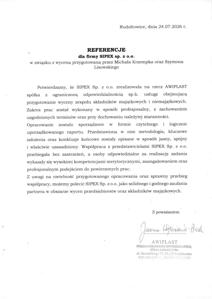 List referencyjny: AWIPLAST spółka z ograniczoną odpowiedzialnością spółka komandytowa