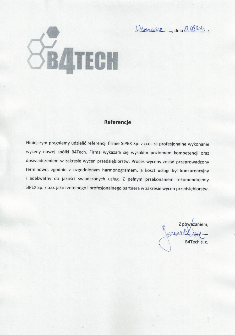 List referencyjny: B4Tech s.c.
