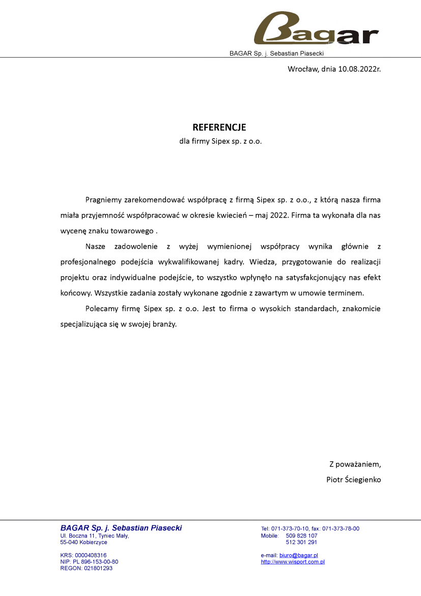 List referencyjny: BAGAR Sp. j. Sebastian Piasecki