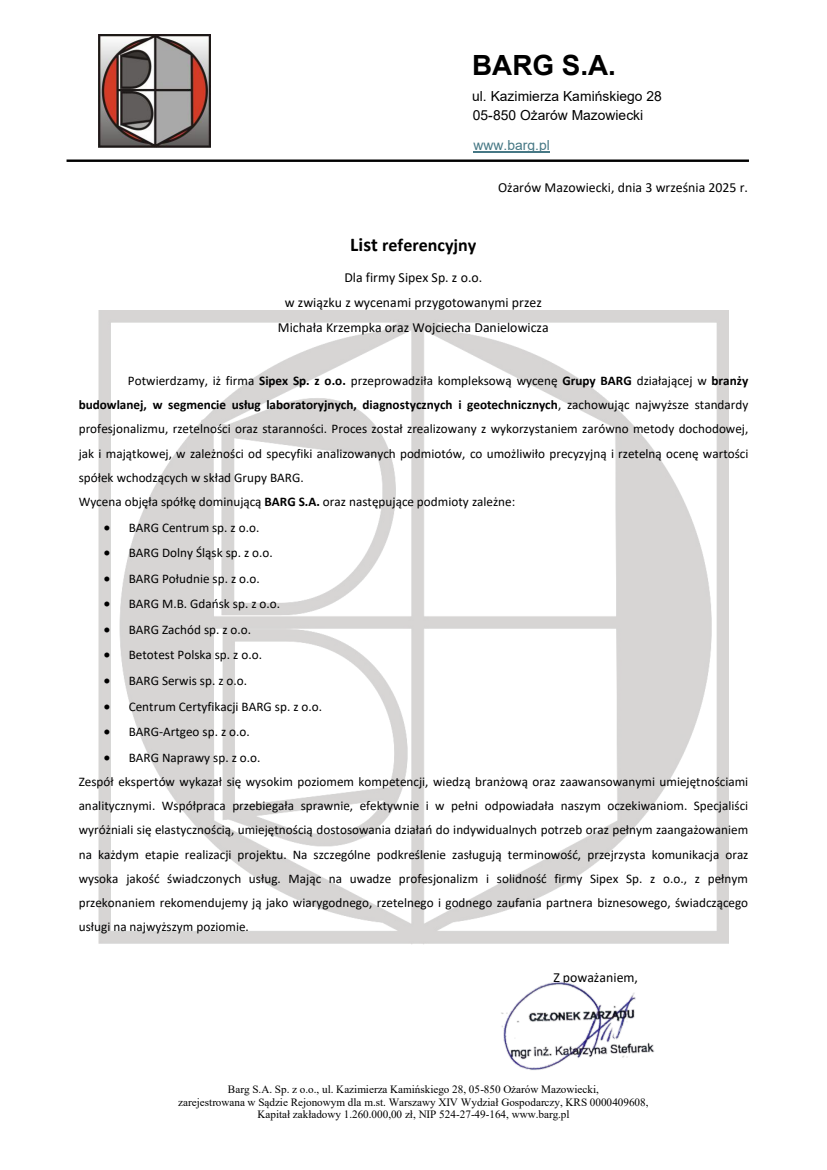 List referencyjny: BARG S.A.