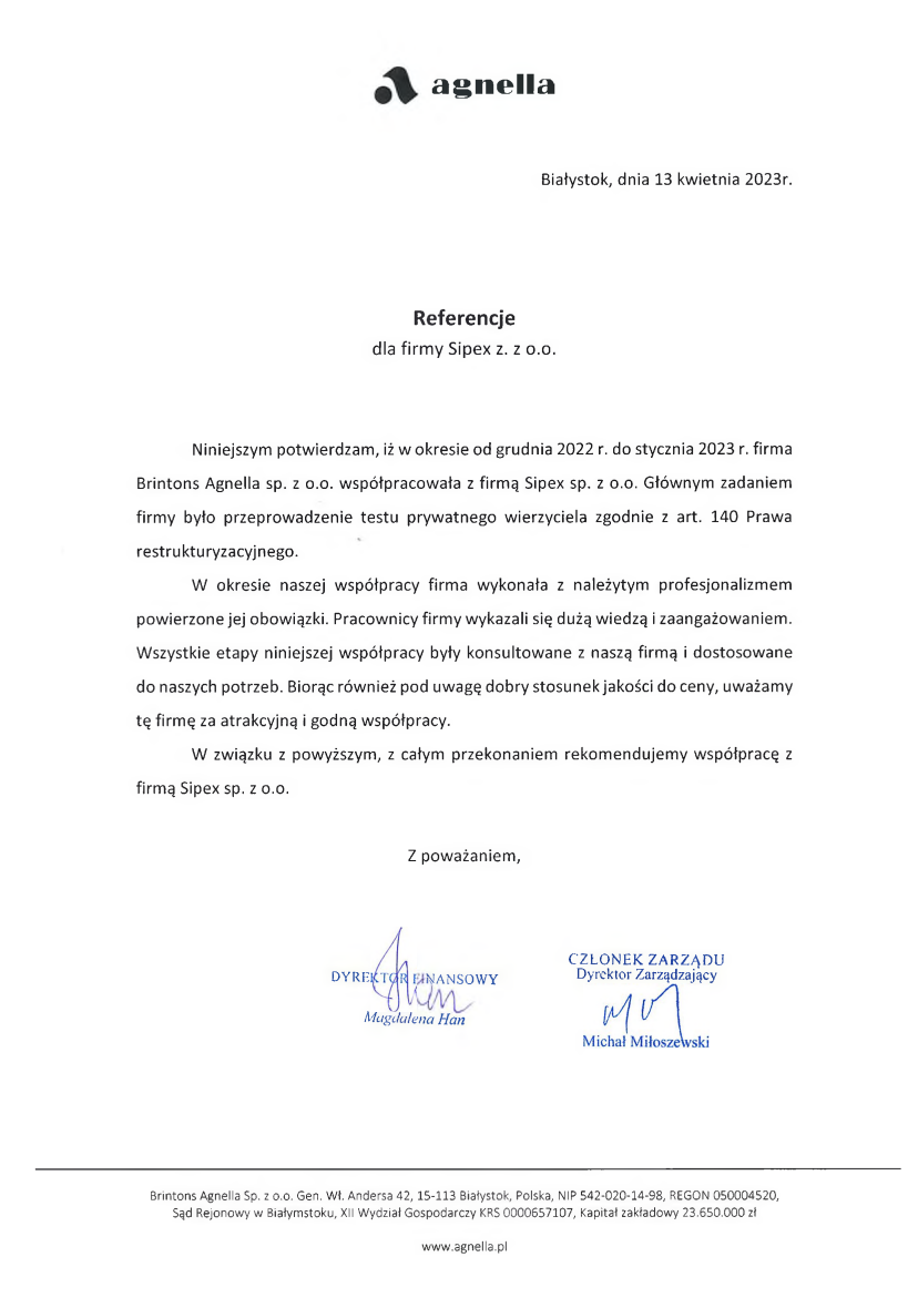 List referencyjny: Brintons Agnella sp. z o.o.