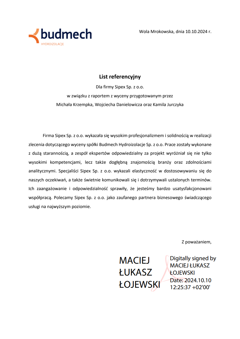 List referencyjny: Budmech Hydroizolacje Sp. z o.o.