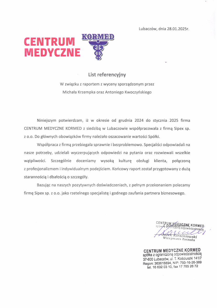 List referencyjny: CENTRUM MEDYCZNE KORMED spółka z ograniczoną odpowiedzialnością