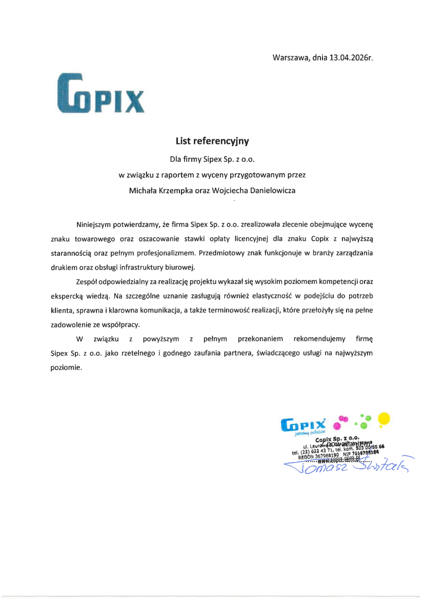 List referencyjny: Copix sp. z o.o.
