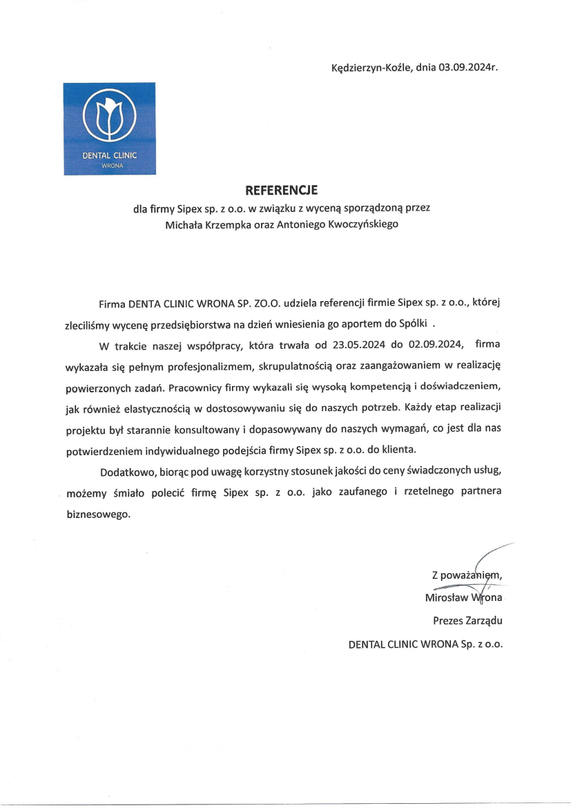 List referencyjny: DENTAL CLINIC WRONA sp. z o.o.