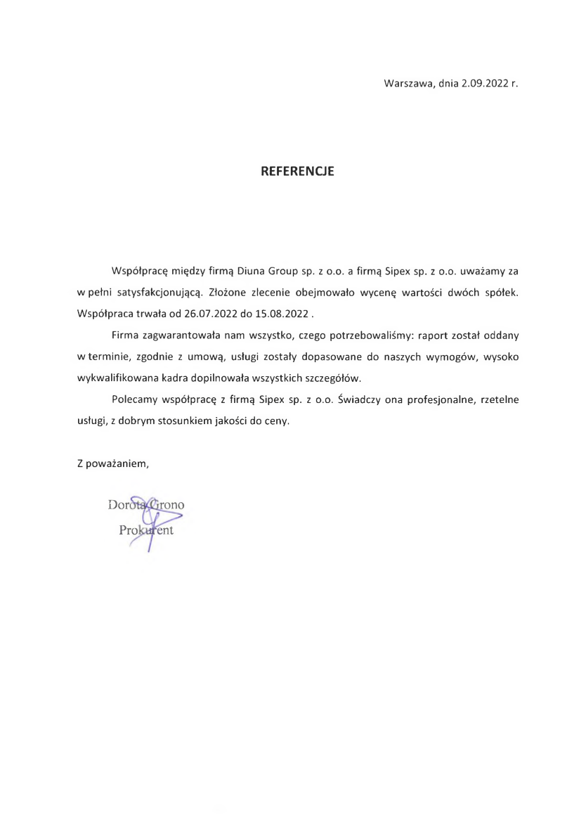 List referencyjny: Diuna Group sp. z o.o.