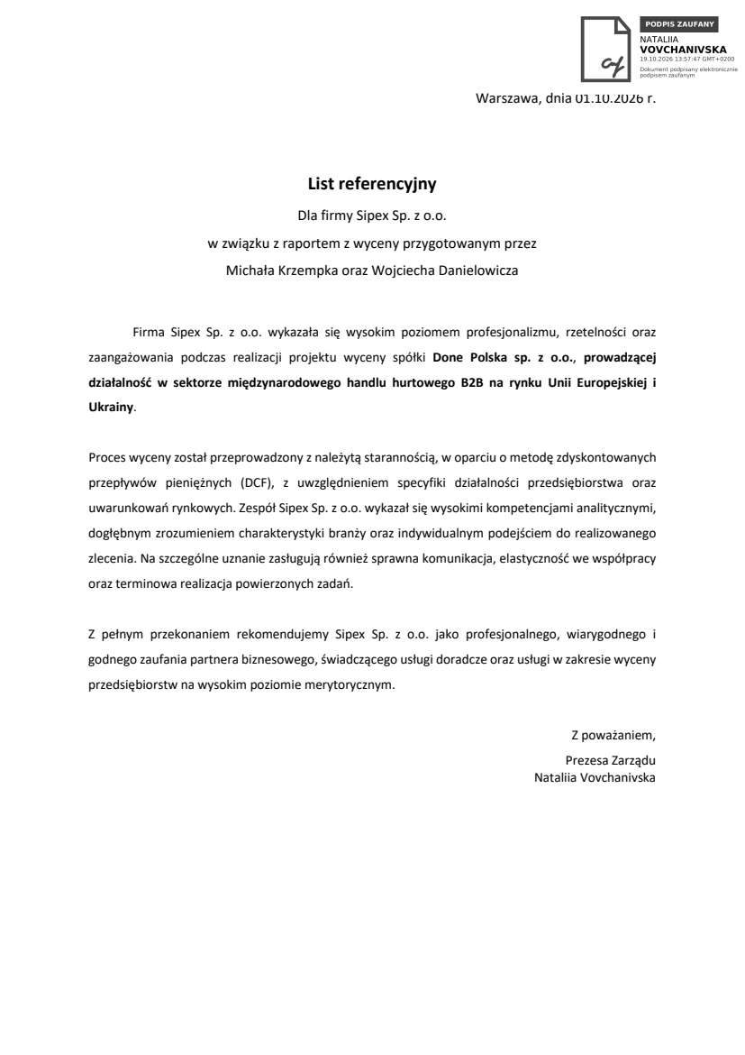 List referencyjny: Done Polska sp. z o.o.