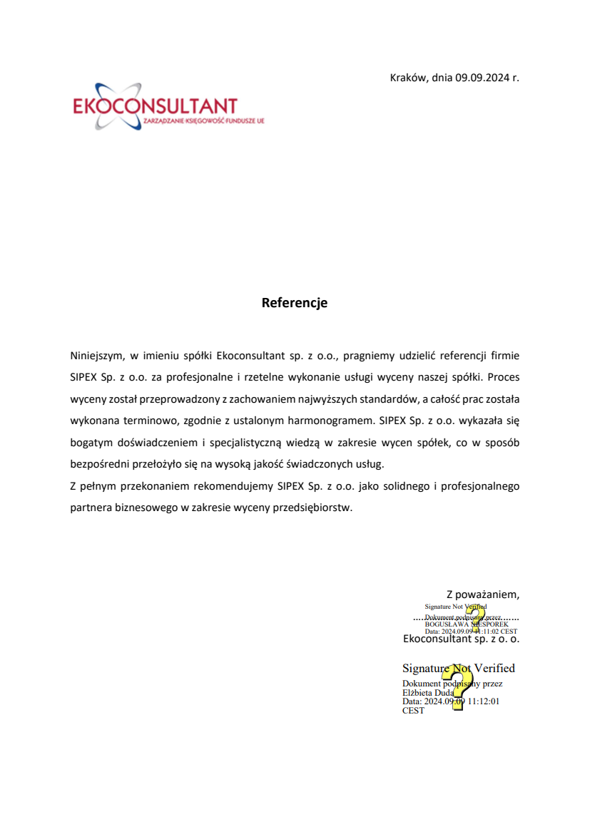 List referencyjny: Ekoconsultant sp. z o.o.
