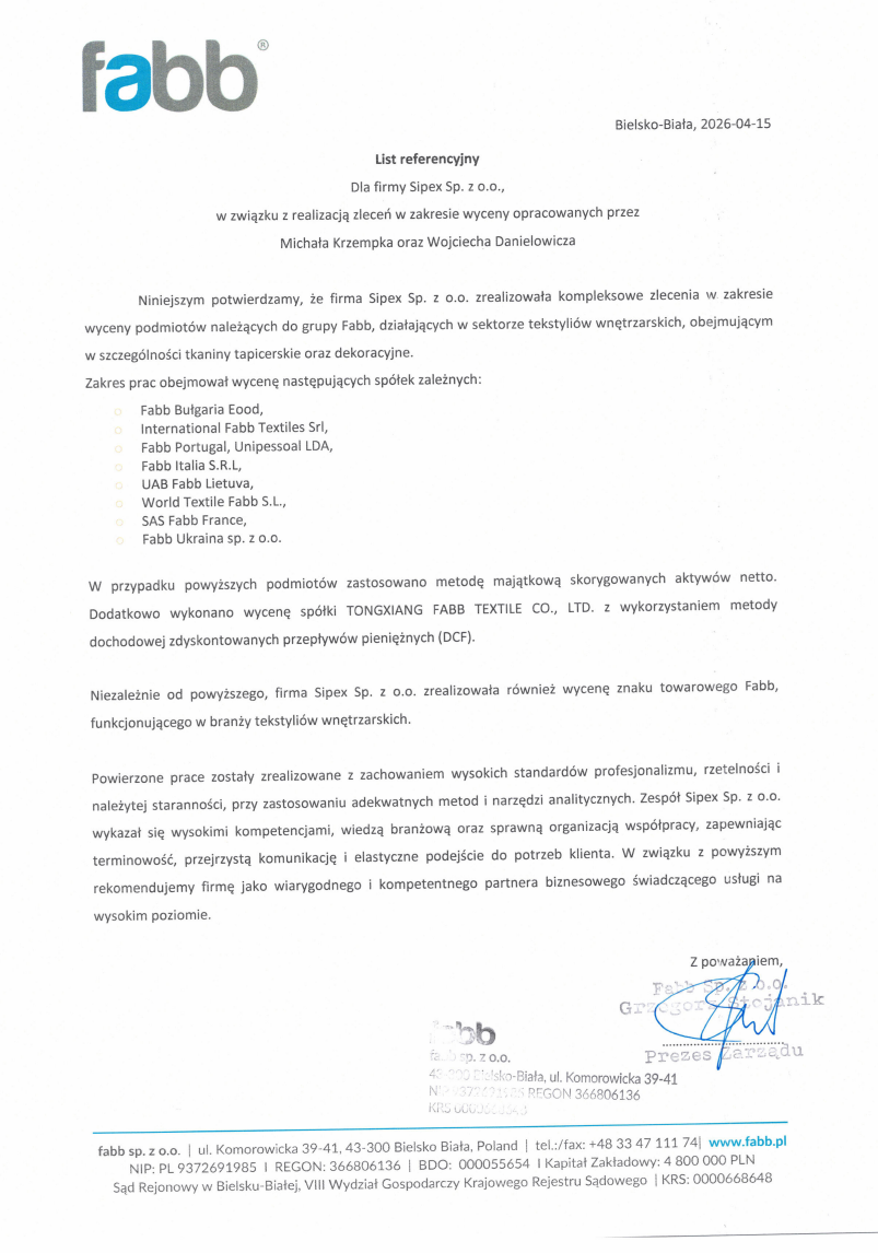 List referencyjny: fabb sp. z o.o.