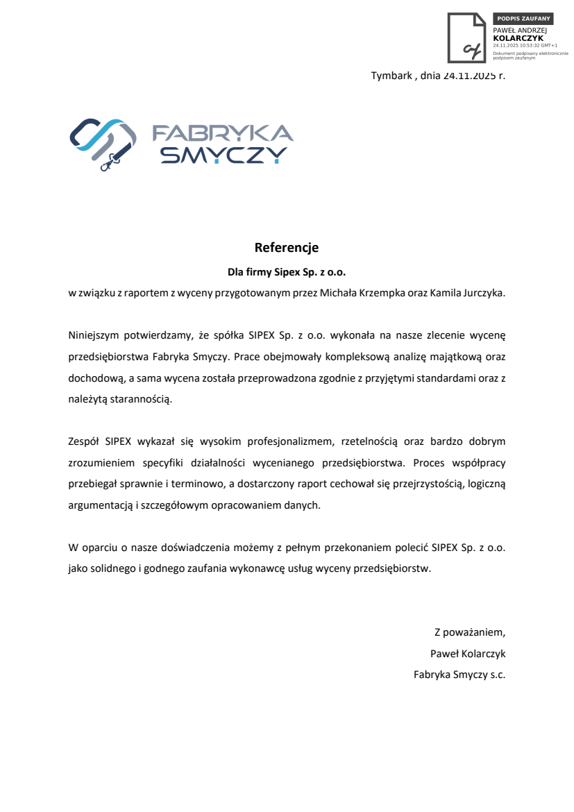 List referencyjny: Fabryka Smyczy s.c.