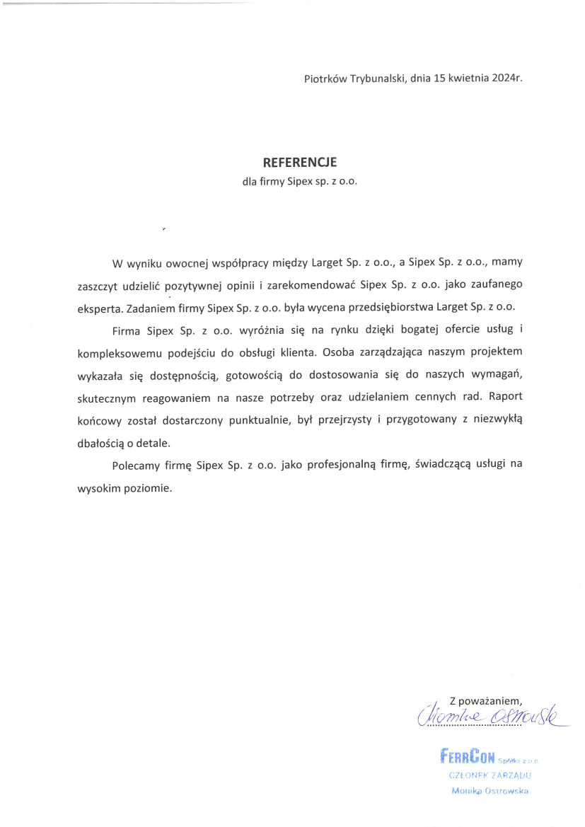 List referencyjny: FERRCON sp. z o.o.