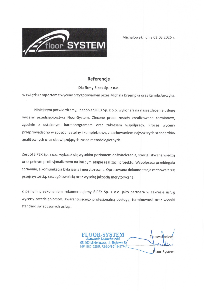 List referencyjny: FLOOR-SYSTEM Sławomir Leduchowski