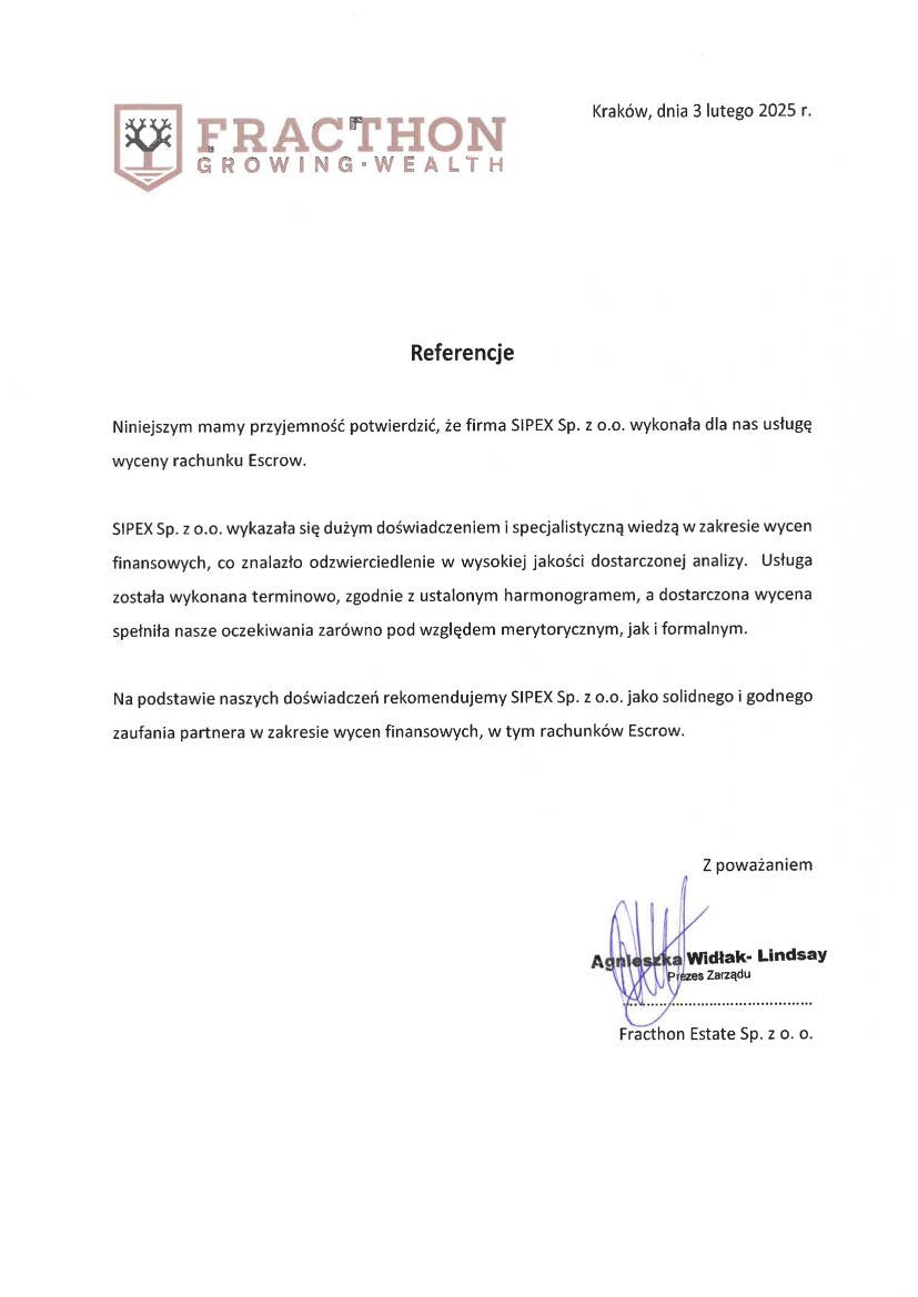 List referencyjny: Fracthon Estate Sp. z o.o.