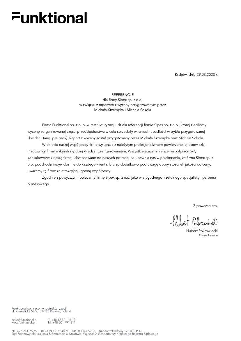 List referencyjny: Funktional sp. z o.o. w restrukturyzacji