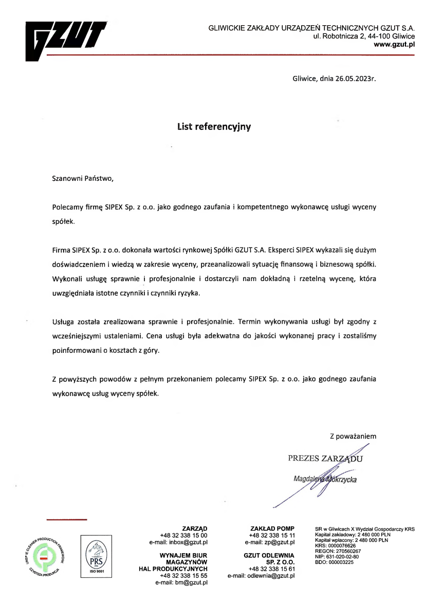 List referencyjny: Gliwickie Zakłady Urządzeń Technicznych GZUT S.A.