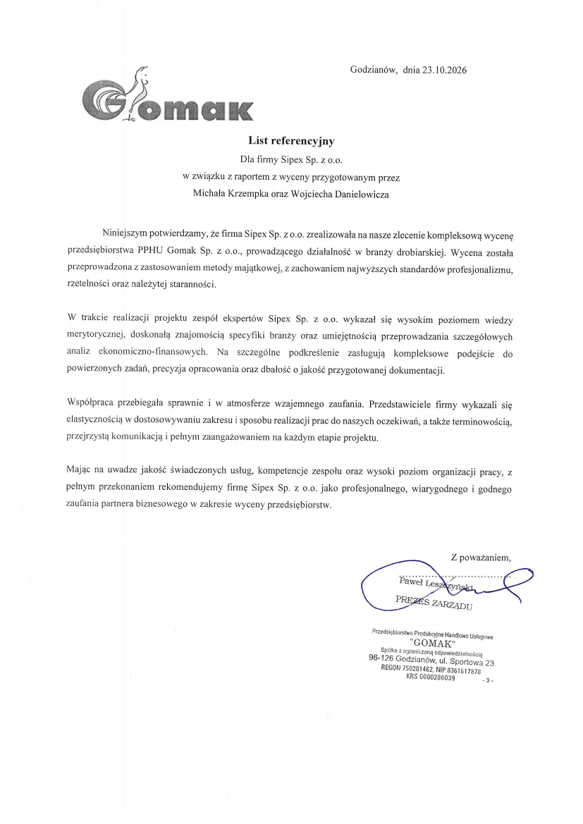 List referencyjny: P.P.H.U. "GOMAK" Sp. z o.o.