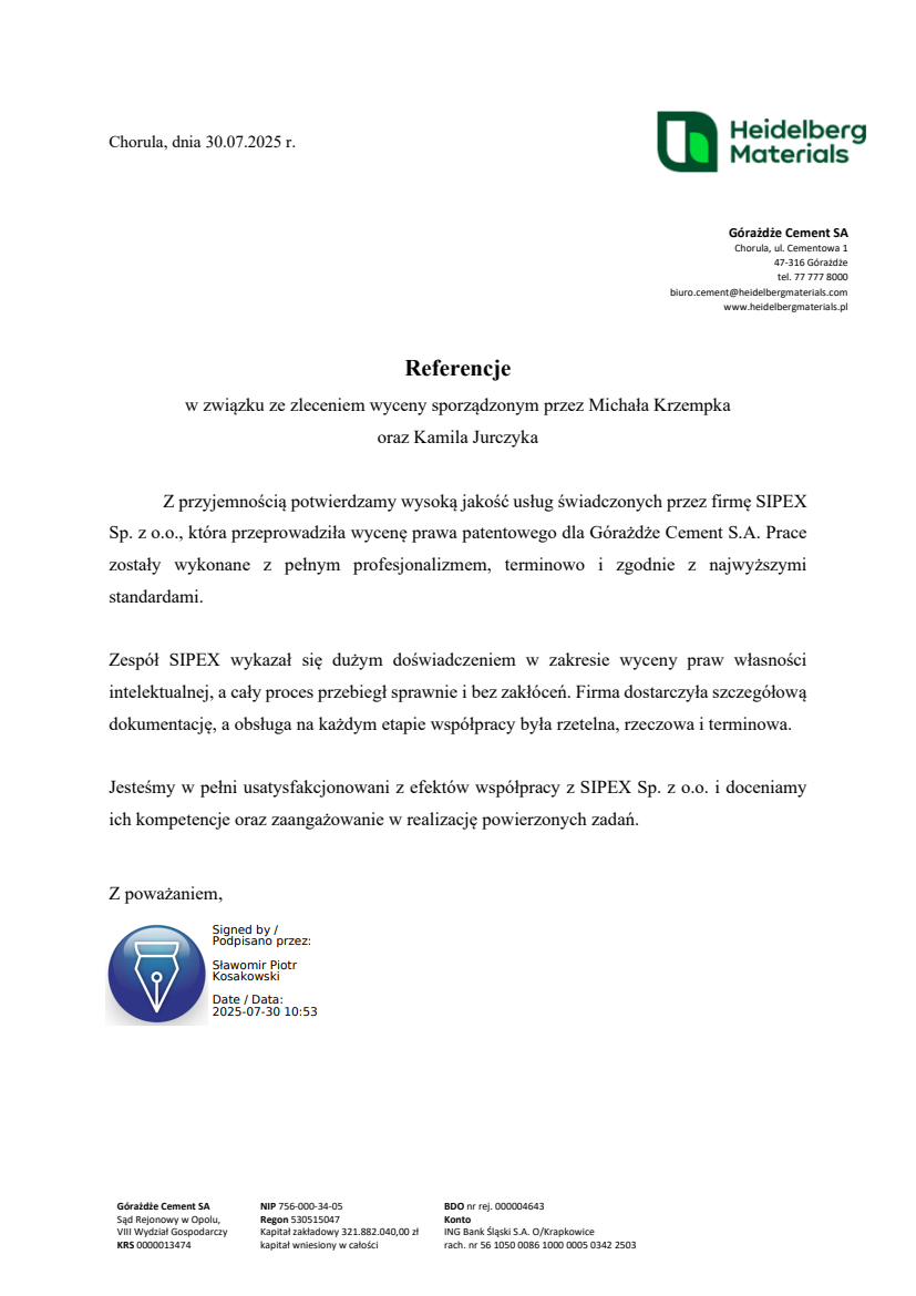 List referencyjny: Góraźdże Cement S.A.