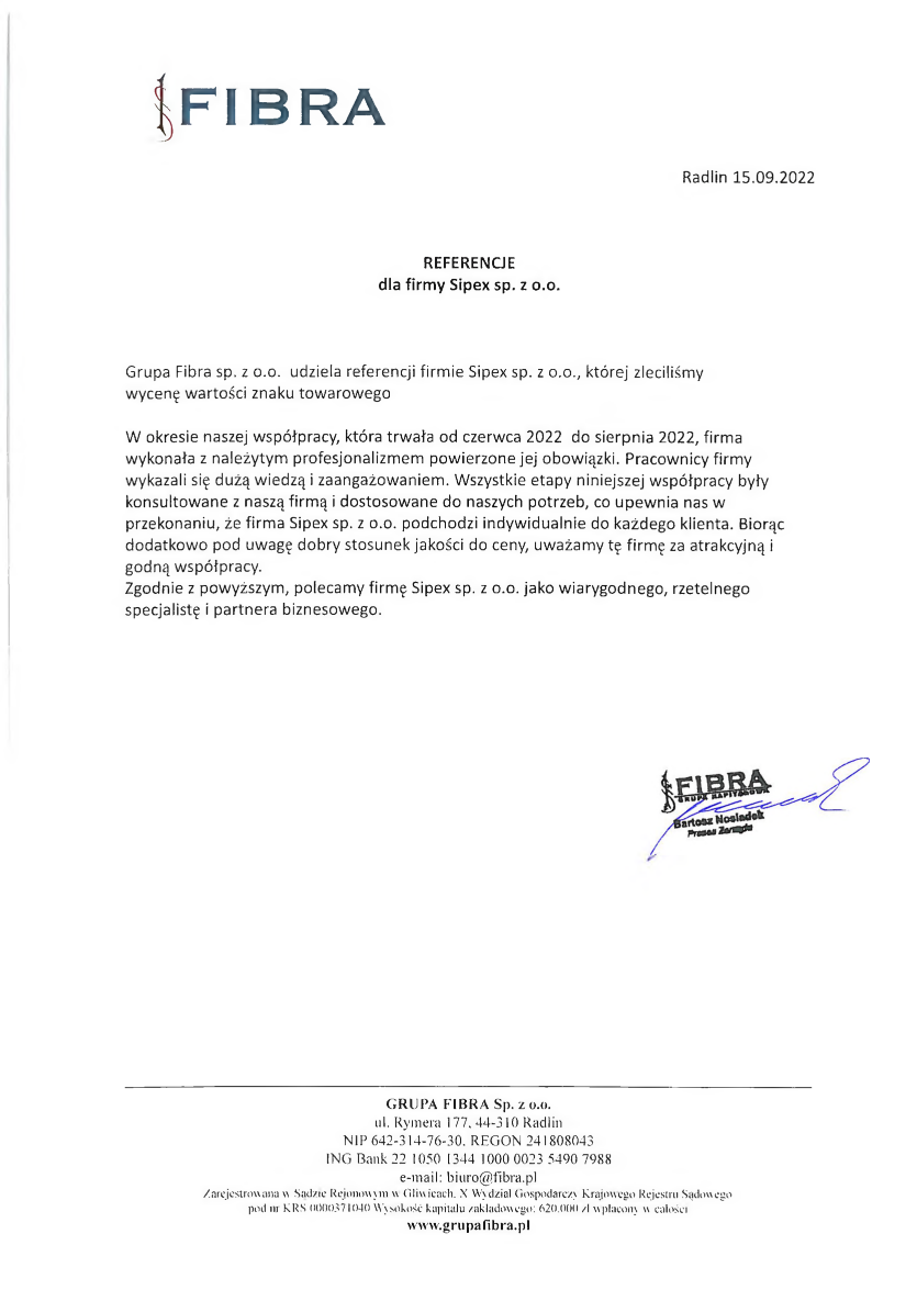 List referencyjny: Grupa Fibra sp. z o.o.