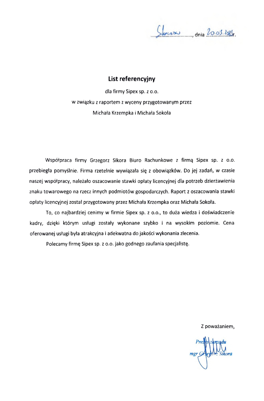 List referencyjny: Grzegorz Sikora Biuro Rachunkowe