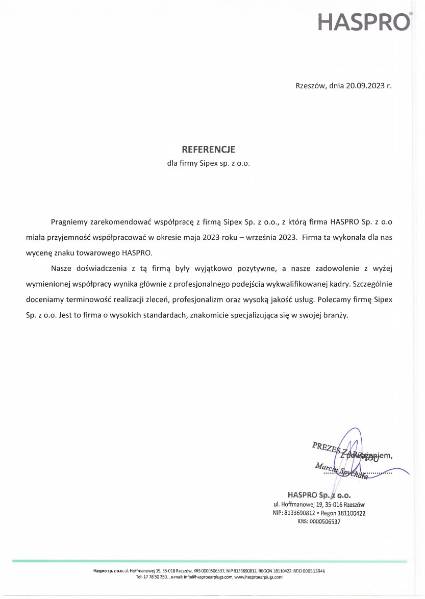 List referencyjny: HASPRO Sp. z o.o.