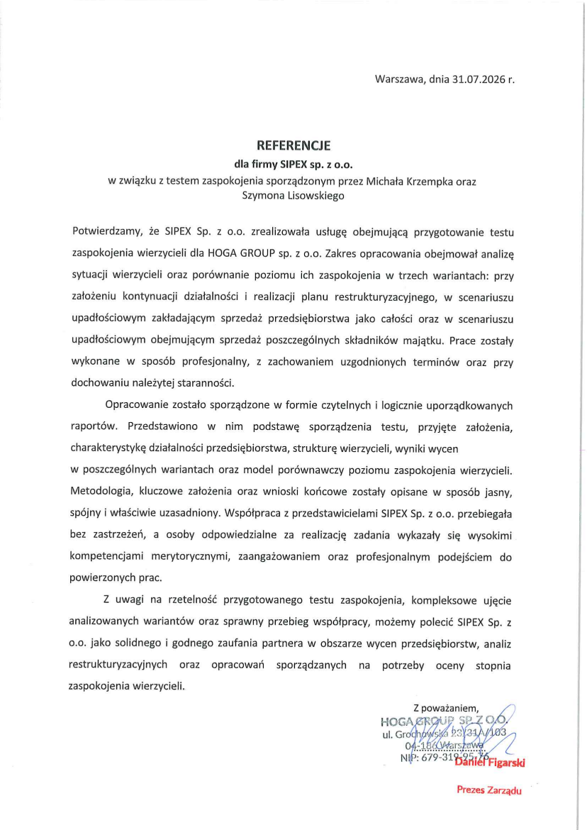 List referencyjny: HOGA GROUP sp. z o.o.