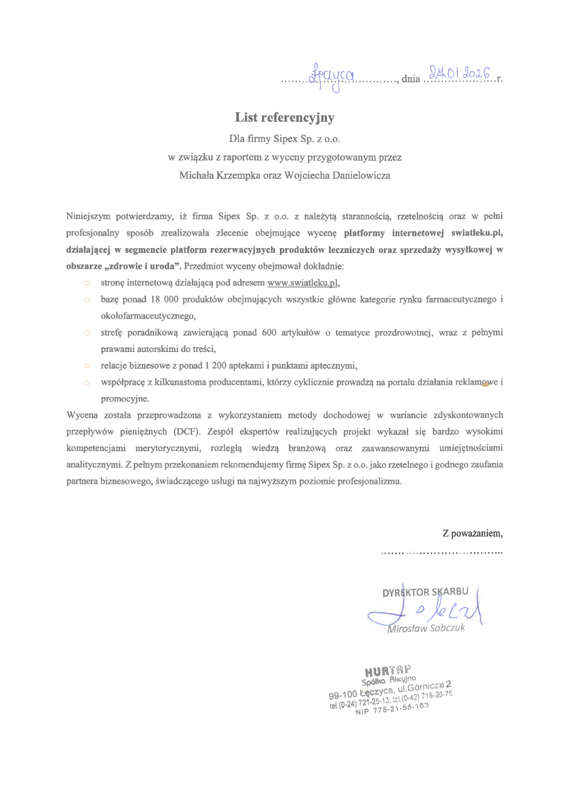 List referencyjny: HURTAP Spółka Akcyjna