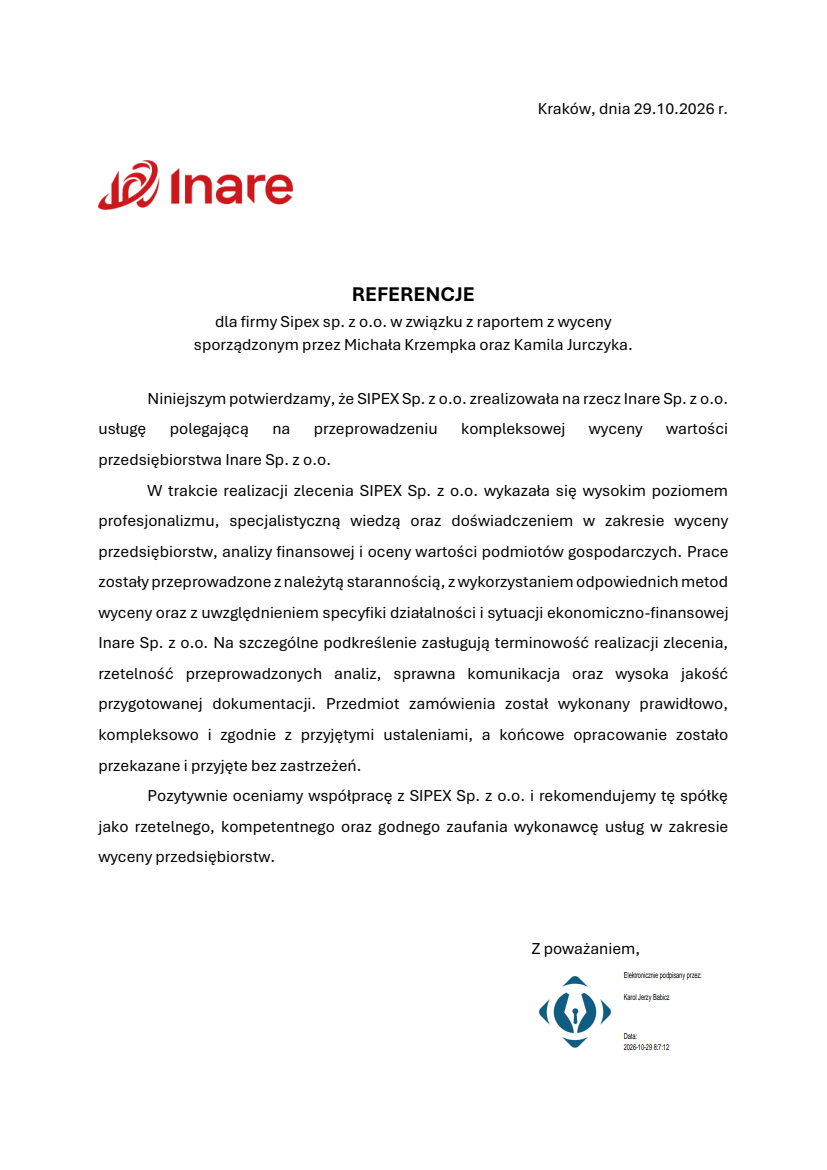 List referencyjny: Inare Sp. z o.o.
