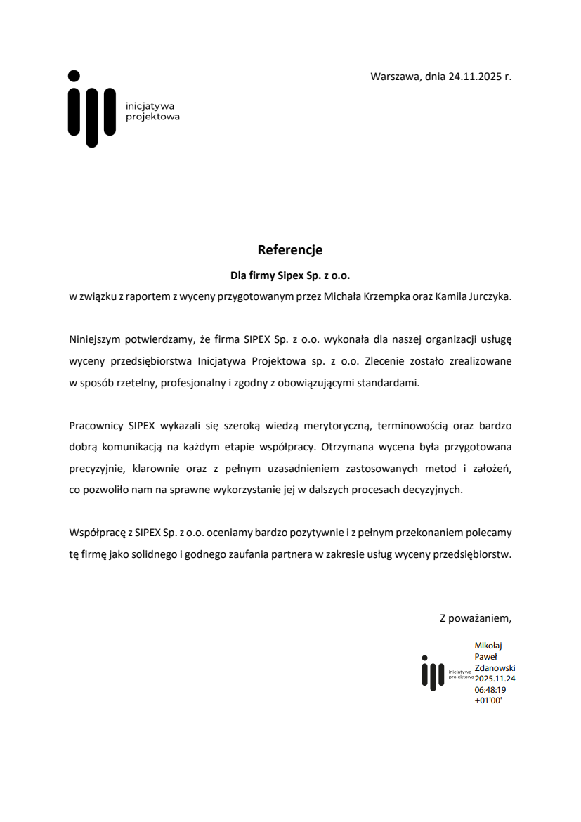 List referencyjny: Inicjatywa Projektowa sp. z o.o.