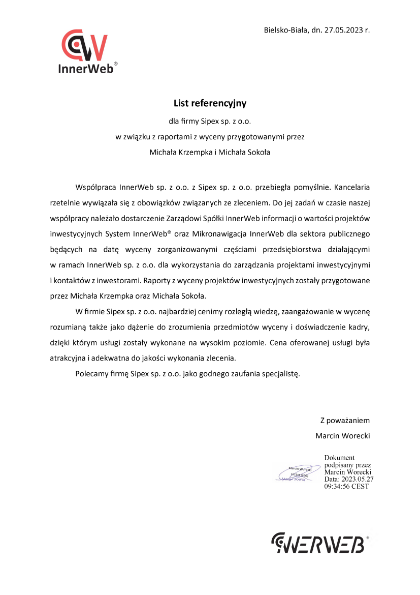 List referencyjny: InnerWeb sp. z o.o.