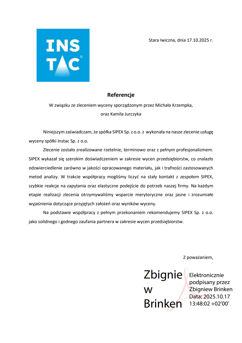 List referencyjny: Instac sp. z o.o.