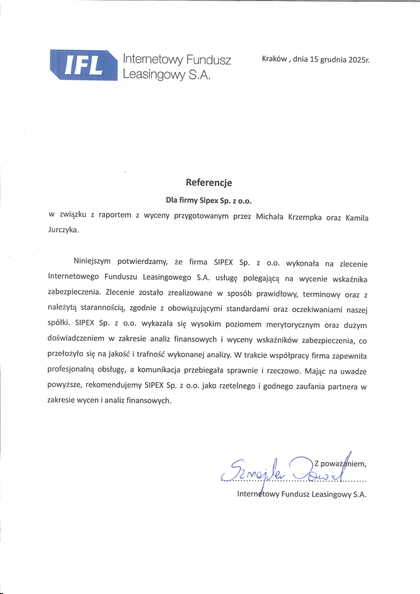 List referencyjny: Internetowy Fundusz Leasingowy S.A.