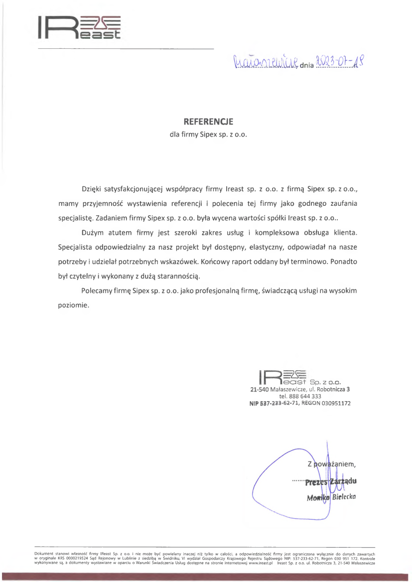 List referencyjny: Ireast sp. z o.o.