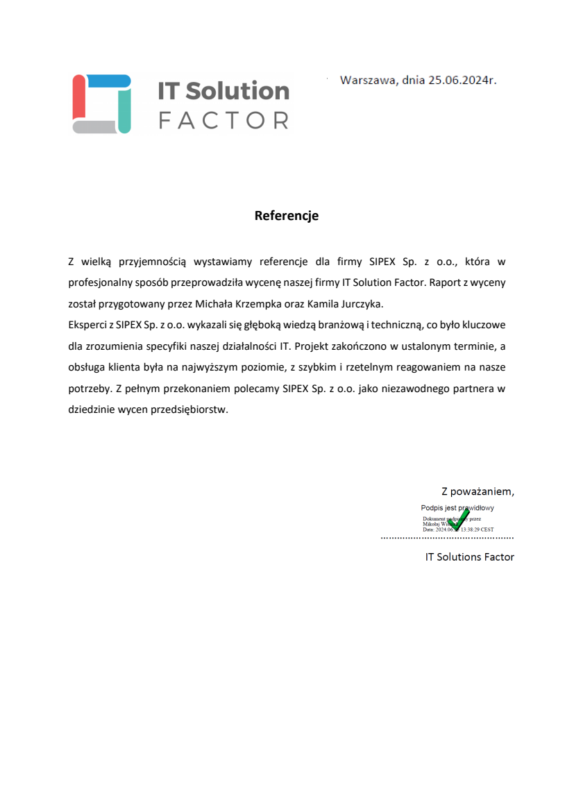 List referencyjny: IT Solution Factor