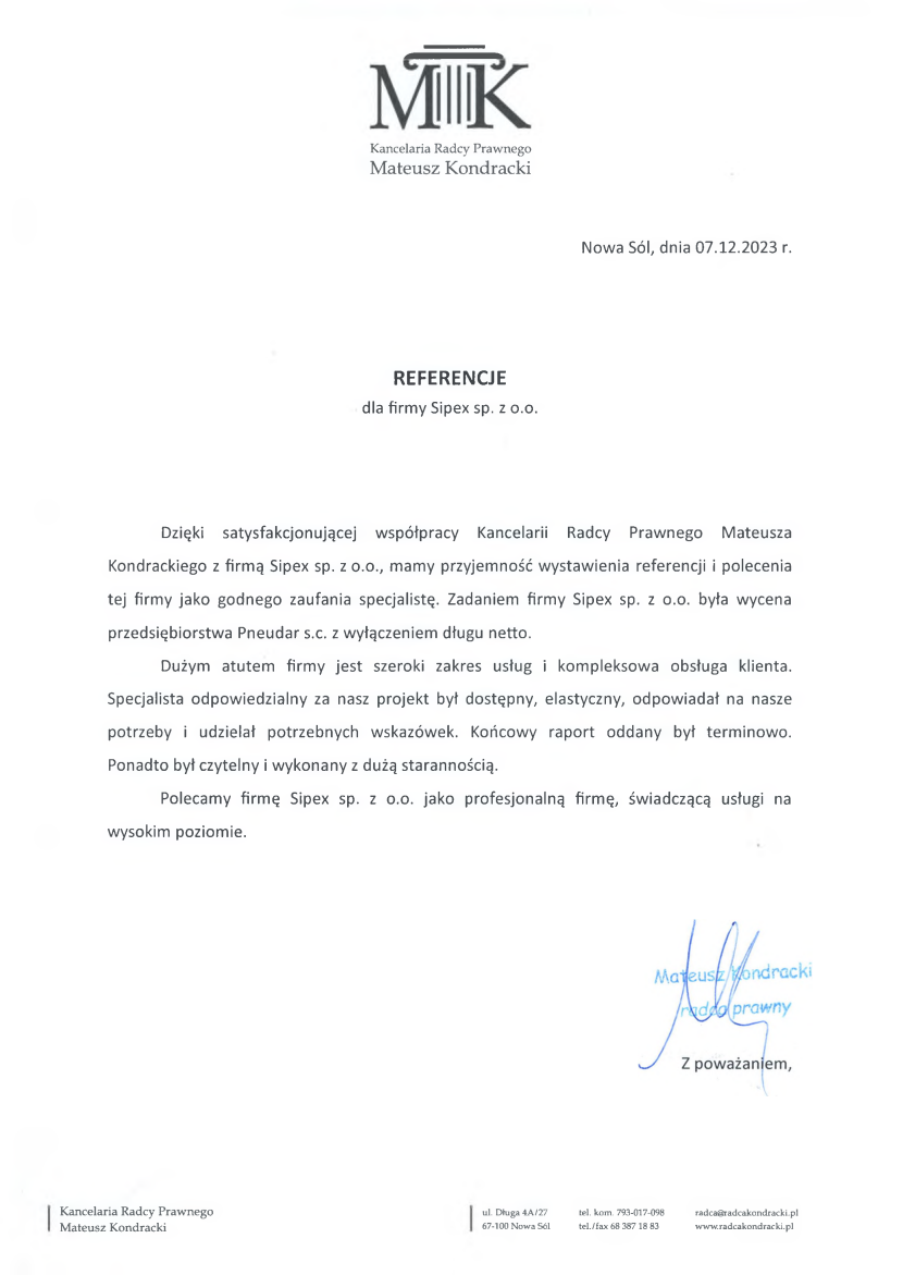 List referencyjny: Kancelaria Radcy Prawnego Mateusza Kondrackiego