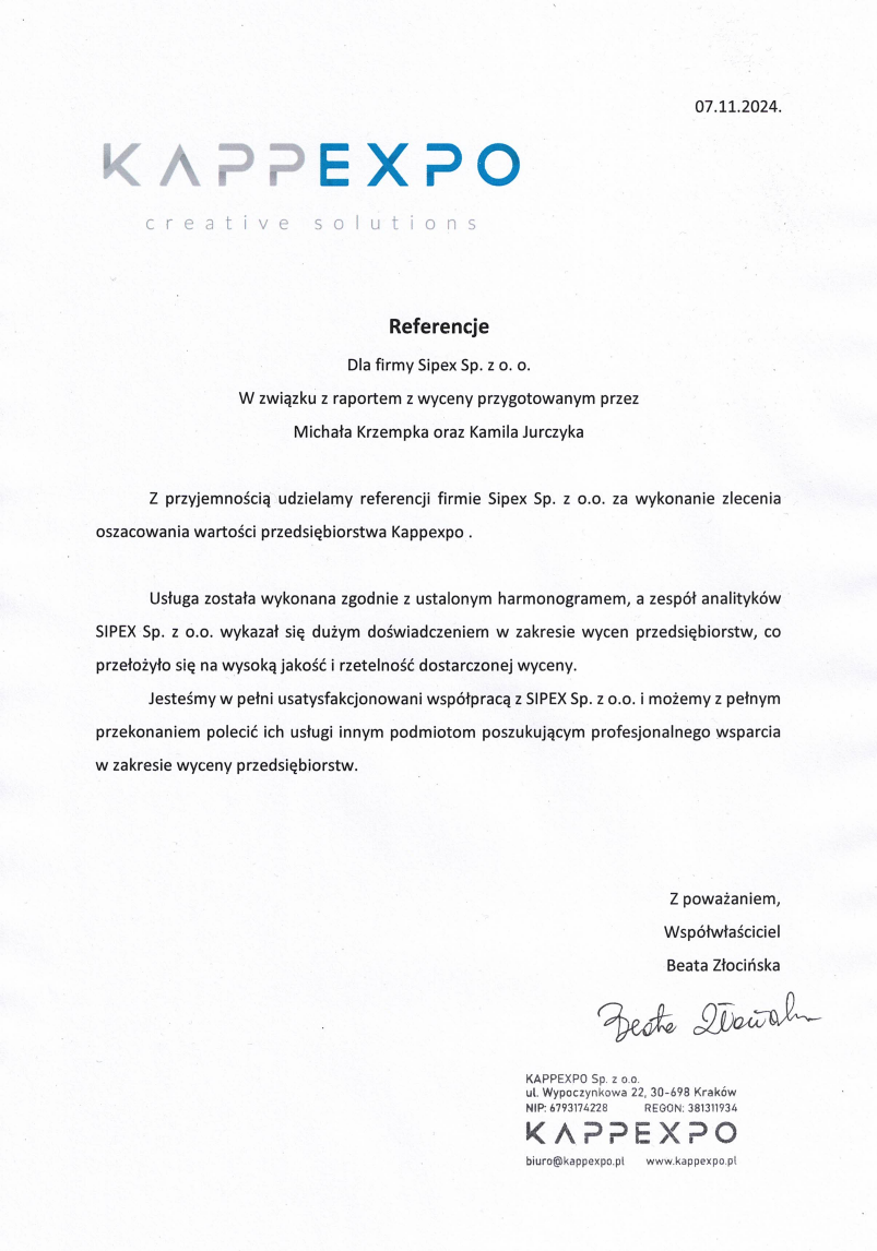 List referencyjny: KAPPEXPO Sp. z o.o.