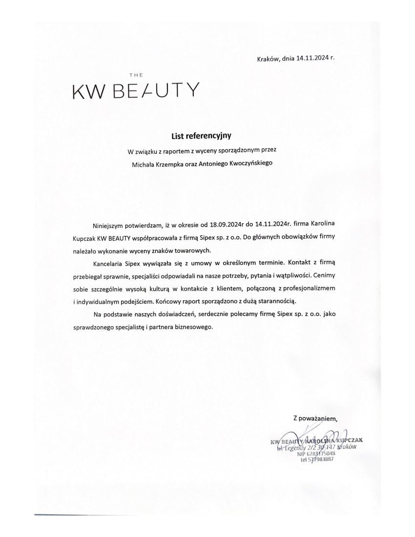 List referencyjny: Karolina Kupczak KW BEAUTY