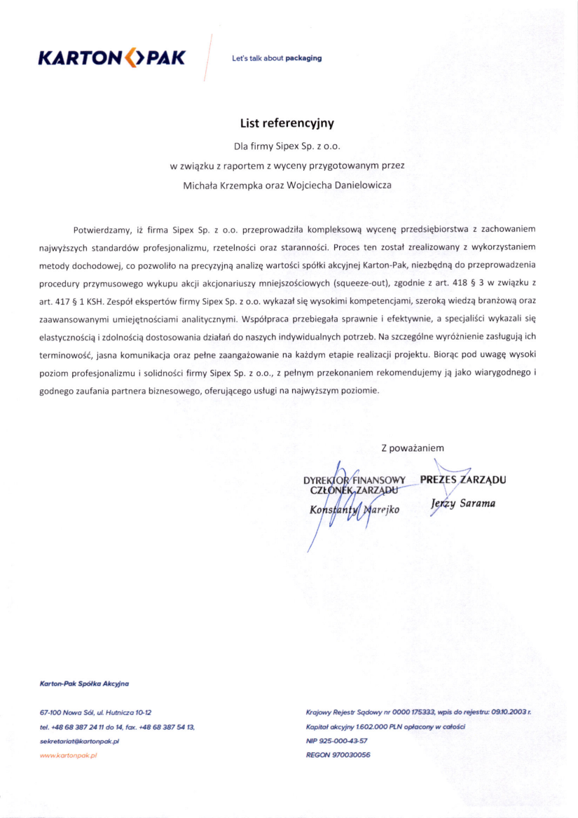 List referencyjny: Karton-Pak Spółka Akcyjna