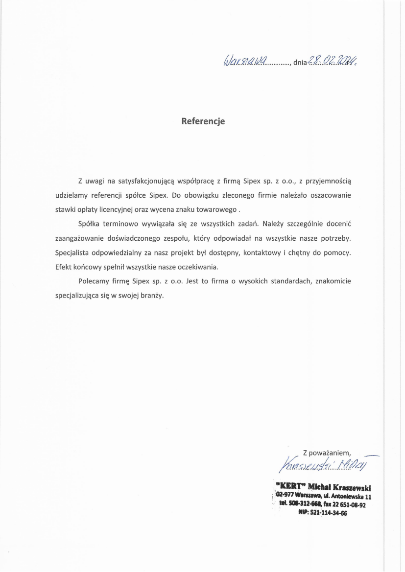 List referencyjny: "KERT" Michał Kraszewski