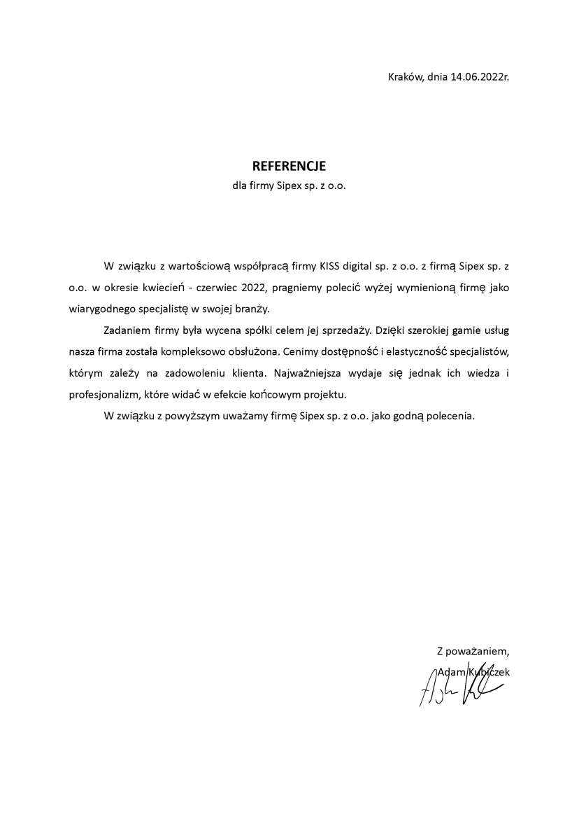 List referencyjny: KISS digital sp. z o.o.