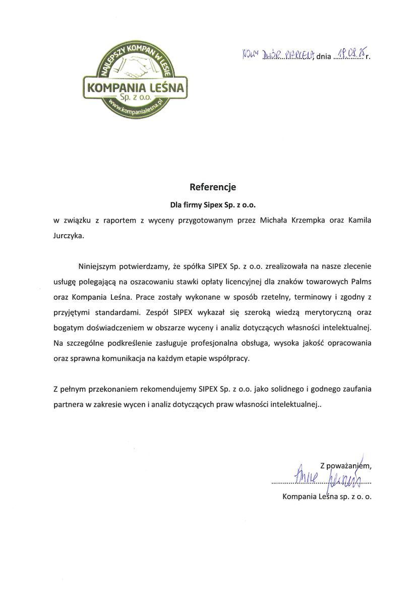 List referencyjny: Kompania Leśna sp. z o.o.