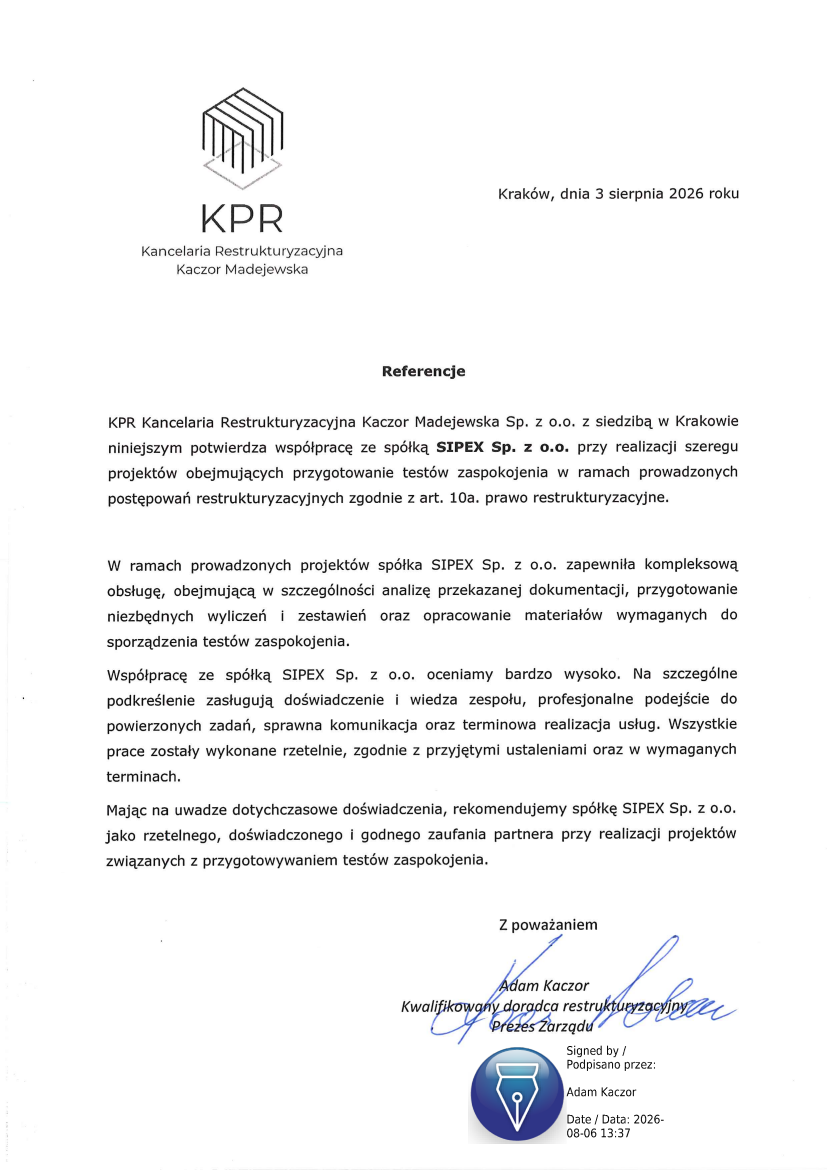 List referencyjny: KPR Kancelaria Restrukturyzacyjna Kaczor Madejewska Sp. z o.o.