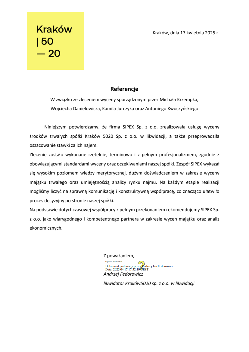 List referencyjny: Kraków 5020 Sp. z o.o. w likwidacji