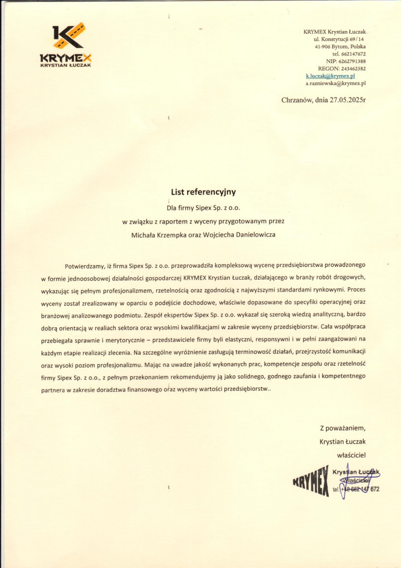 List referencyjny: KRYMEX Krystian Łuczak