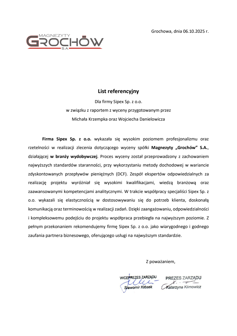 List referencyjny: Magnezyty „Grochów” S.A.