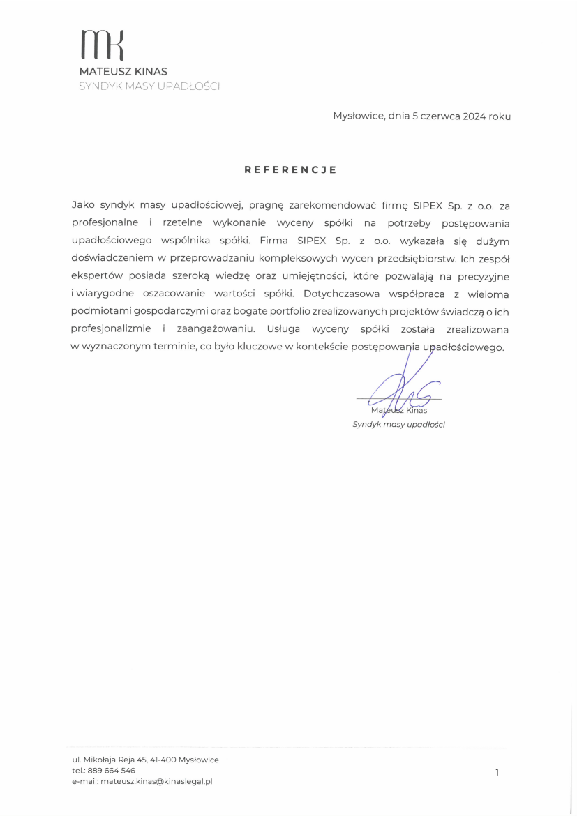 List referencyjny: Mateusz Kinas — syndyk masy upadłości