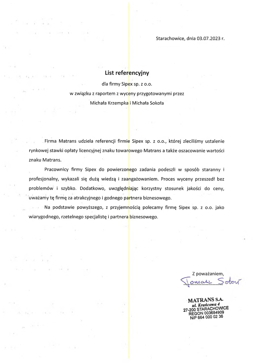 List referencyjny: MATRANS S.A.