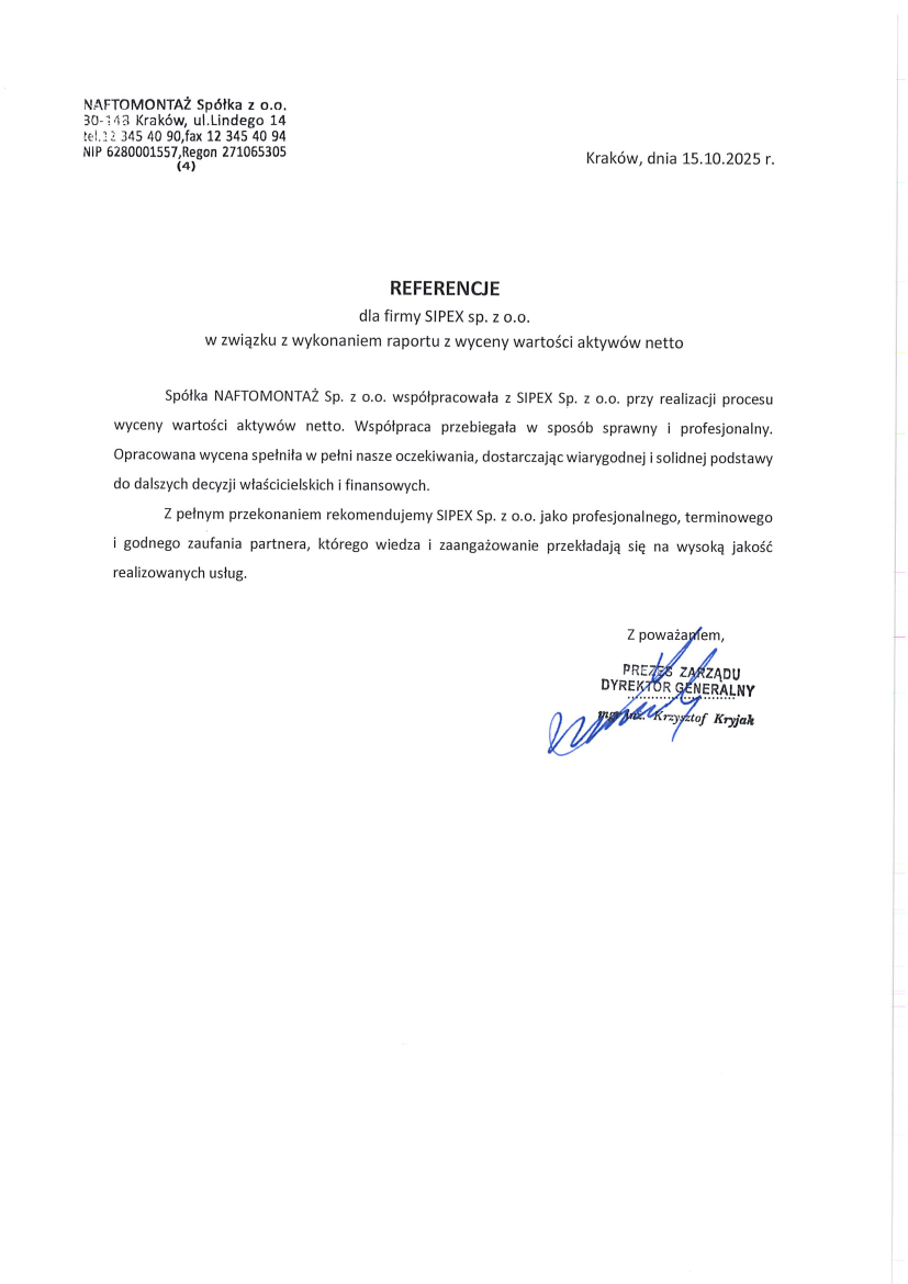 List referencyjny: NAFTOMONTAŻ Spółka z o.o.